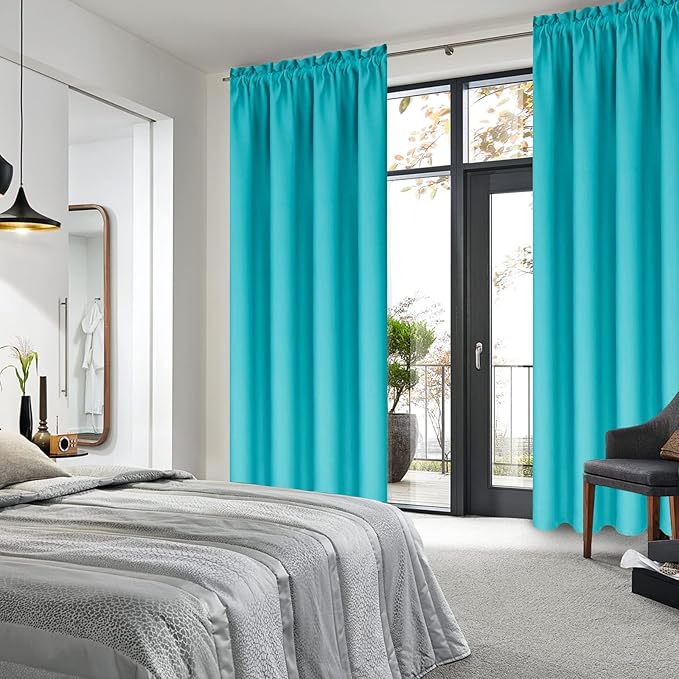 DWCN Blackout Curtains for Bedroom – Thermal Insulated Room Darkening Drapes for Living Room, Turquoise, W 42 x L 84 Inch, Set of 2 Rod Pocket Curtain Panels