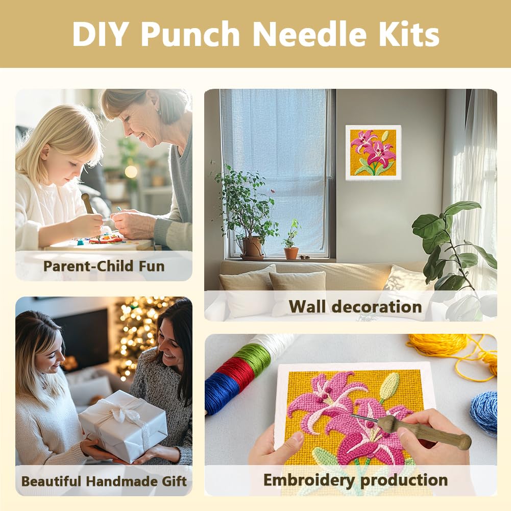 DOODLREAM Colorful Flowers Punch Needle Kit for Beginner, 9.4"x9.4" Lily Floral Punch Stitching Craft Set, DIY Embroidery Starter with Printed Frame, Instruction, Threader, Yarn, Pinch Needle