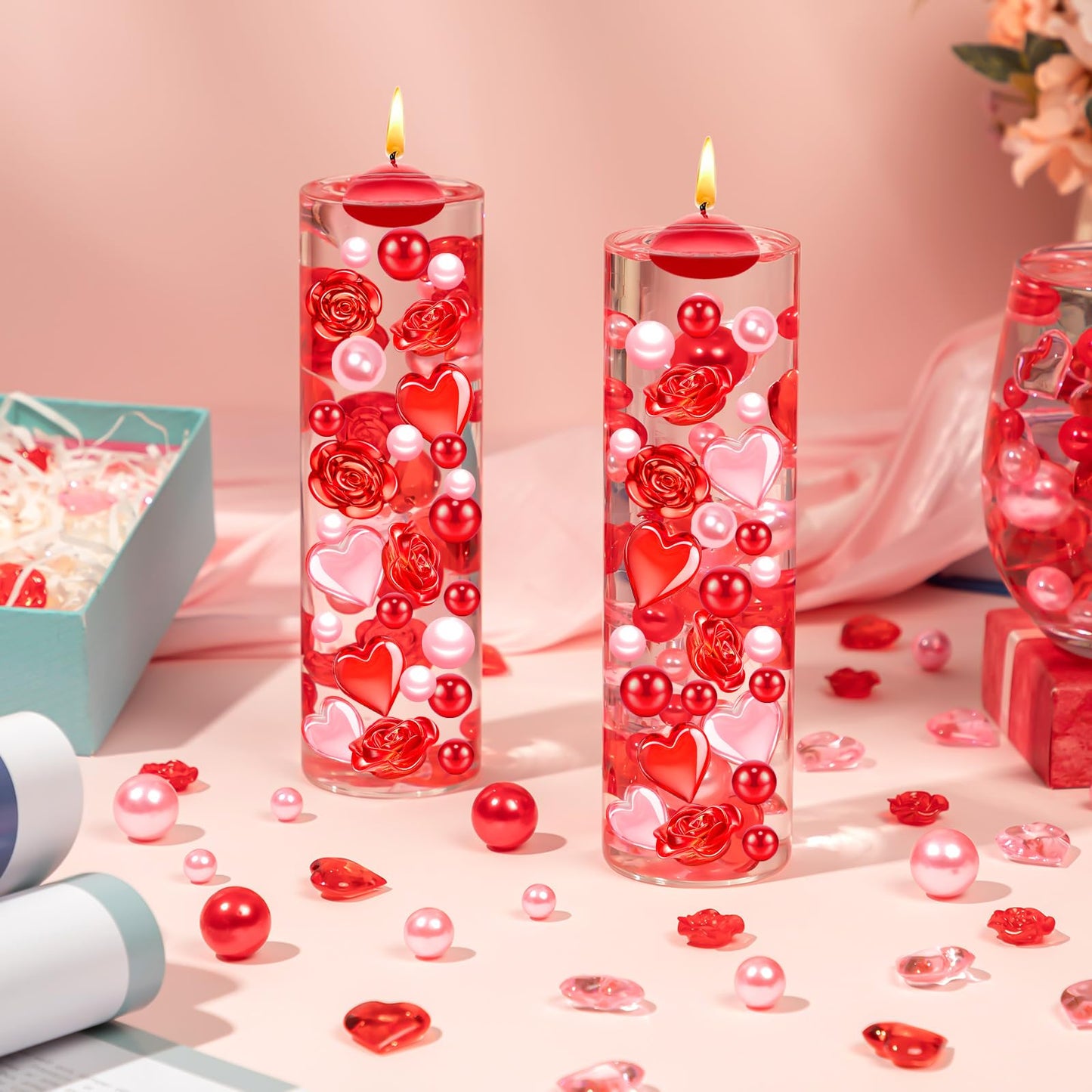 240Pcs Valentines Day Vase Filler, Pink Red Heart Rose Vase Filler Beads Floating for Wedding Decor Party Home Centerpieces