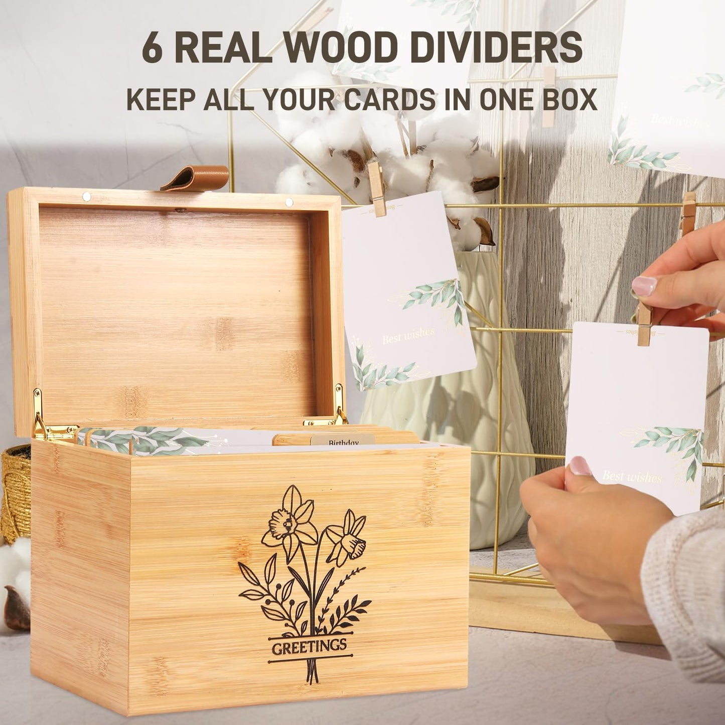 Large Bamboo Greeting Card Organizer Box with 6 Removable Dividers, Real Leather Handle, 100% Handmade Solid Bamboo, Storage Box for Christmas, Valentine, & Birthday Cards, Postcards, Stationery