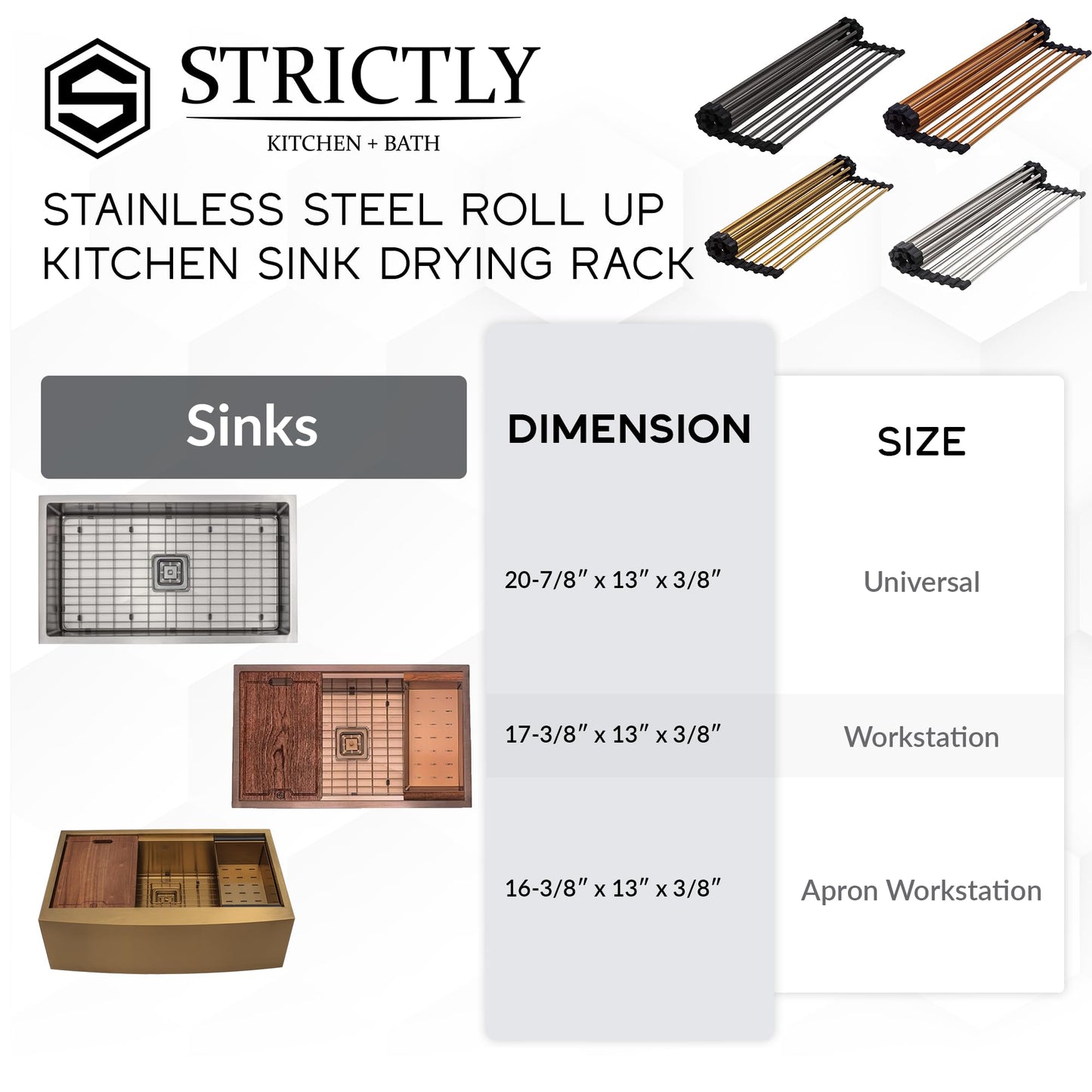 Strictly Sinks Stainless Steel Roll Up Dish Drying Rack – Gold 17 Inch Over The Sink Drying Rack Ideal for Workstation Sinks Only – Multipurpose Foldable Kitchen Dish Rack (17-3/8″ x 13″ x 3/8″)