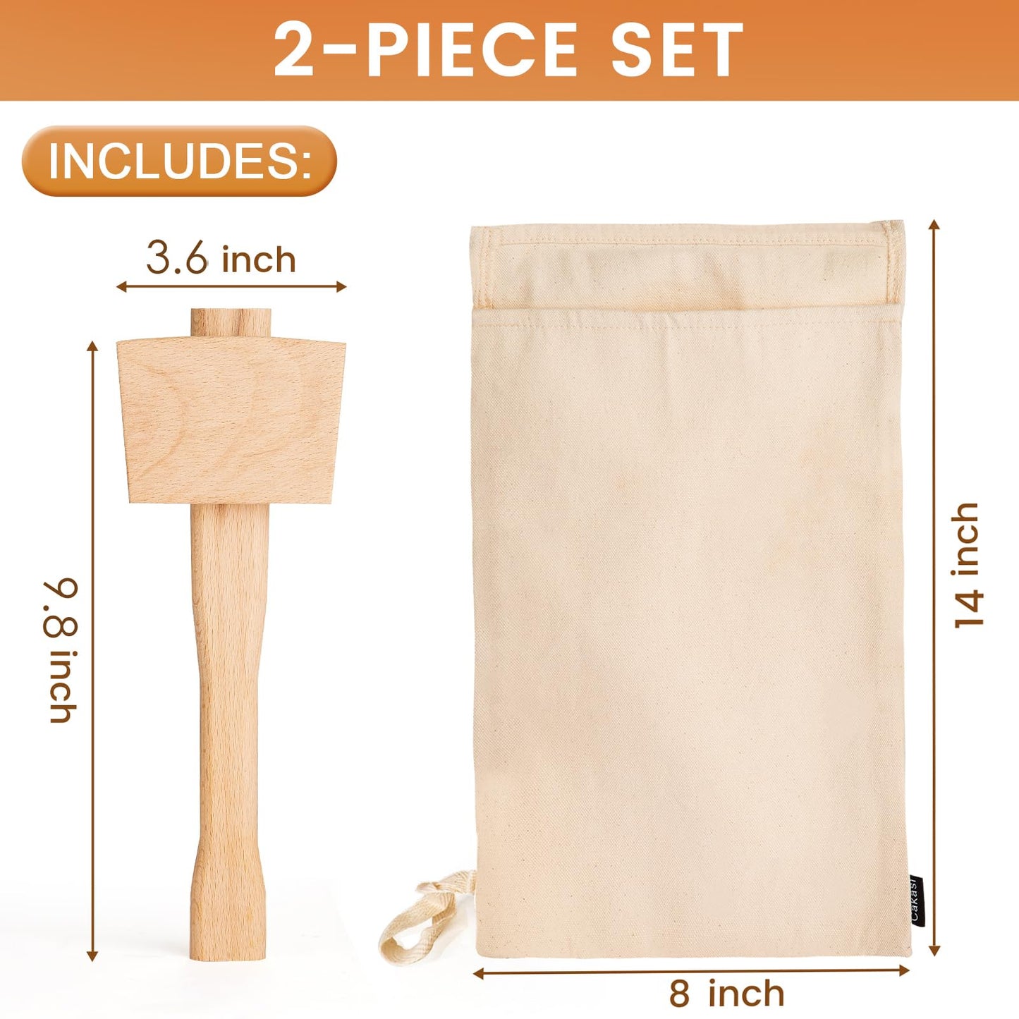 Cakasi Lewis Bag and Ice Mallet Crush Set, Wooden Hammer Reusable Canvas Bag for Crushed Use Home Party Bar Kitchen Dried Crushing Drinks
