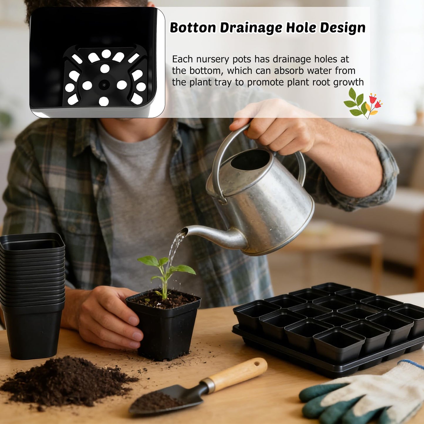 NNG 2.6 inch 100 Pcs Black Square Nursery Pots with 5 Pcs Plastic Seed Starting Trays,Plant Propagation Starter Kit Square Seed Starting Pots with Drain Holes