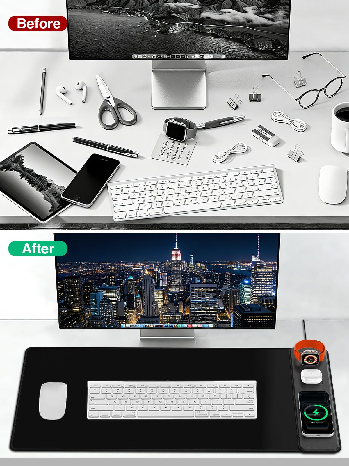 Mouse Pad with Magnetic Wireless Charging, Large Desk Mat, Non-Slip Mouse Mat, Keyboard Pad for Gaming, Desk, Office, PC (The Right Charging-Black with 20W PD Charger)