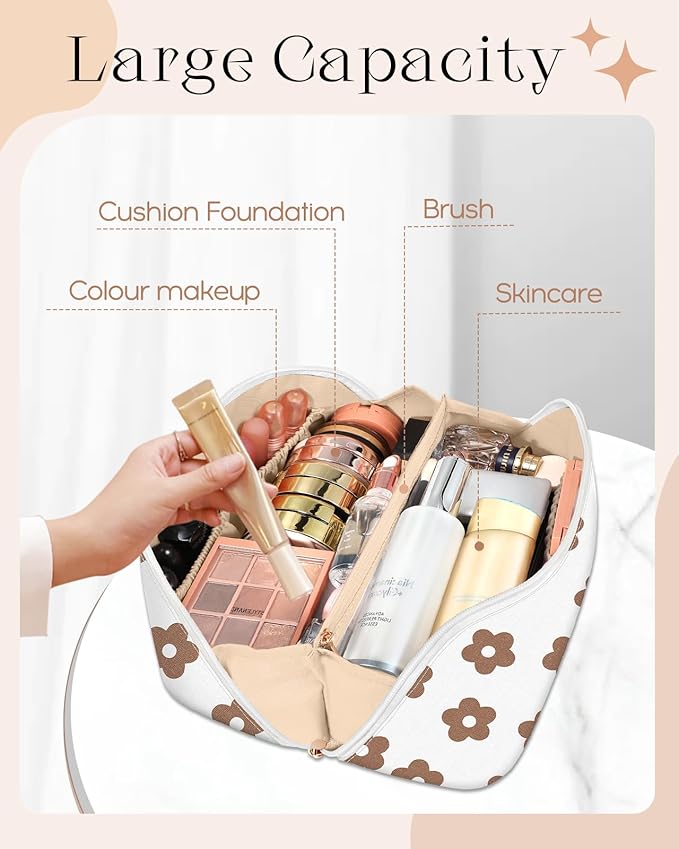 Bistup Makeup Bag Travel Cosmetic Bag Toiletry Make Up Bags Cute Women Large Capacity Big Medium Leather White Flower Girl Teen Teenage Square Foldable Expandable Open Flat Zip