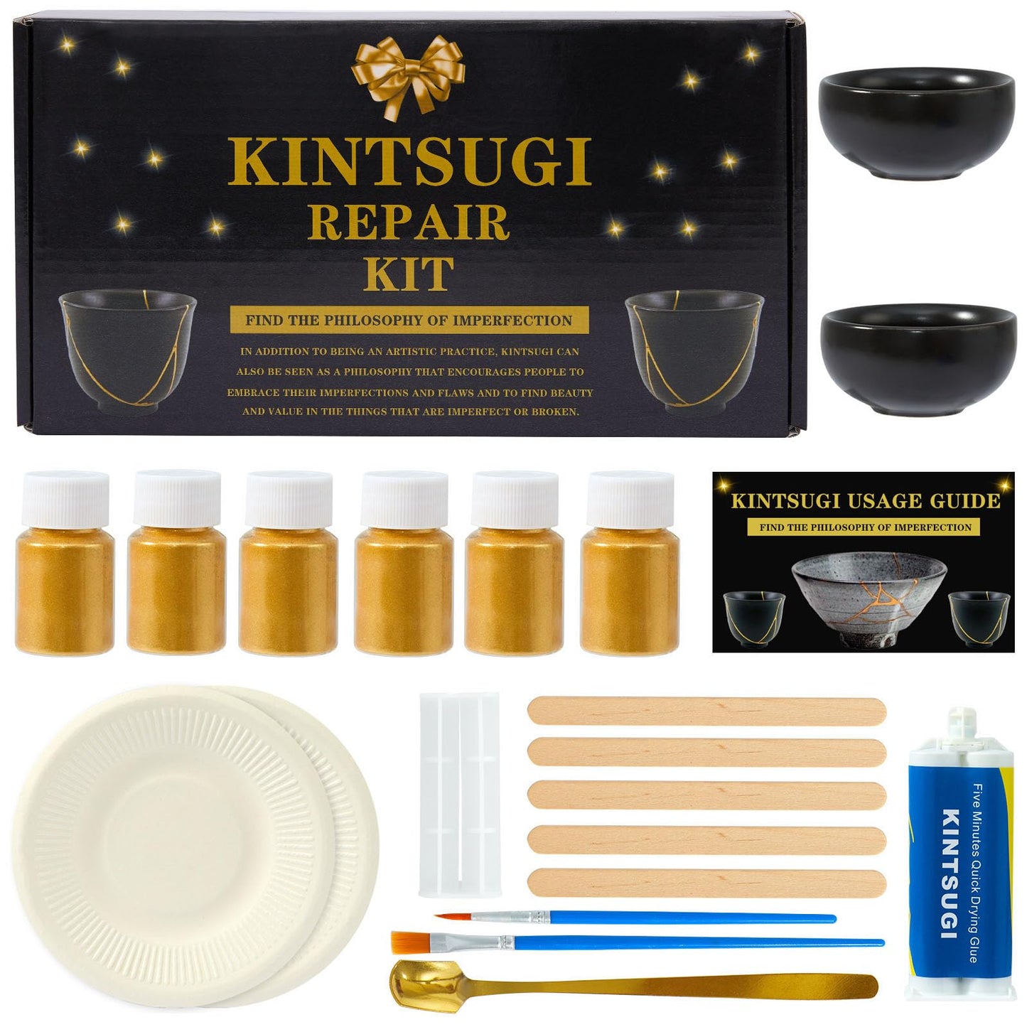 deuvuo Kintsugi Repair Kit Gold, 21 Pcs Authentic Kintsugi Repair Kit to Revive Your Broken Ceramic, Pottery, Mug, Bowl, Glass Keepsakes with Ease - Japanese Art DIY Set Bio for Beginners