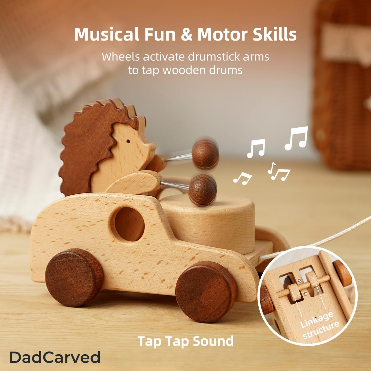 DadCarved Hedgehog Pull-Along Toy | Musical Wooden Pull Toy with Wooden Grip Ring | Natural Drumming Sound for Toddlers 1.5+ Years