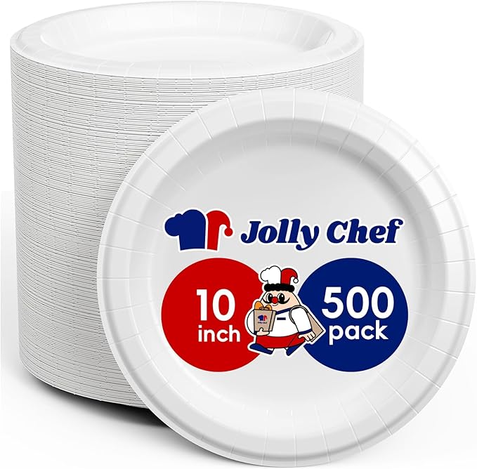 JOLLY CHEF Paper Plates 500 Count 10 inch,Soak Proof, Cut Proof, Microwave Safe Heavy Duty Paper Plates Disposable for Thanksgiving or Everyday Use