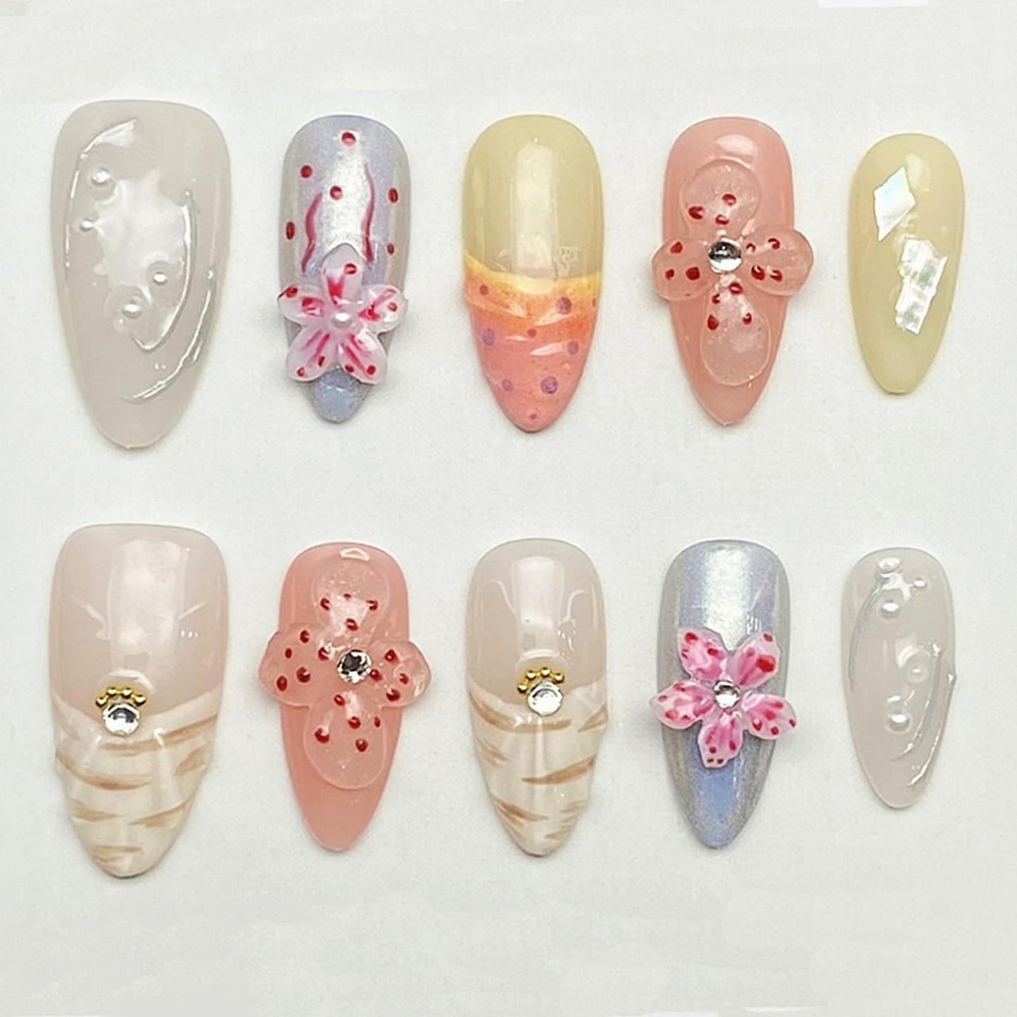 Handmade Press on Nails Medium Almond 3D Flower Fake Nails Unique False Nails with Designs Rhinestones Pearls Glossy Glue on Reusable Thick Acrylic Nails 10Pcs (M)