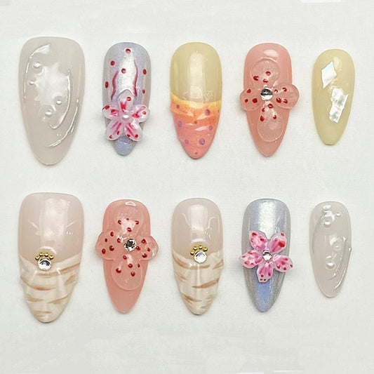 Handmade Press on Nails Medium Almond 3D Flower Fake Nails Unique False Nails with Designs Rhinestones Pearls Glossy Glue on Reusable Thick Acrylic Nails 10Pcs (M)