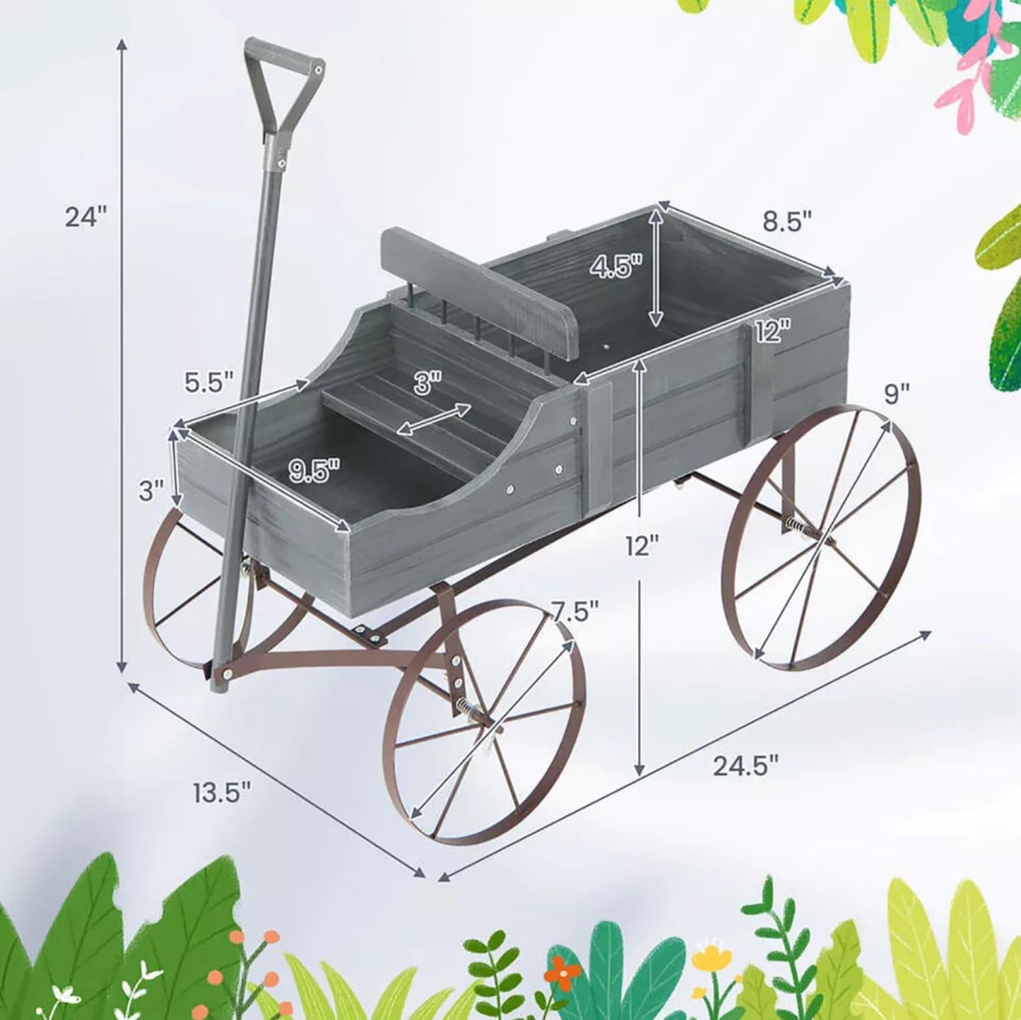 Wagon Planter, Decorative Wooden Garden Planter with Wheels, 2 Planting Sections and Adjustable Handle, Indoor Outdoor Backyard Balcony Decor (Grey)