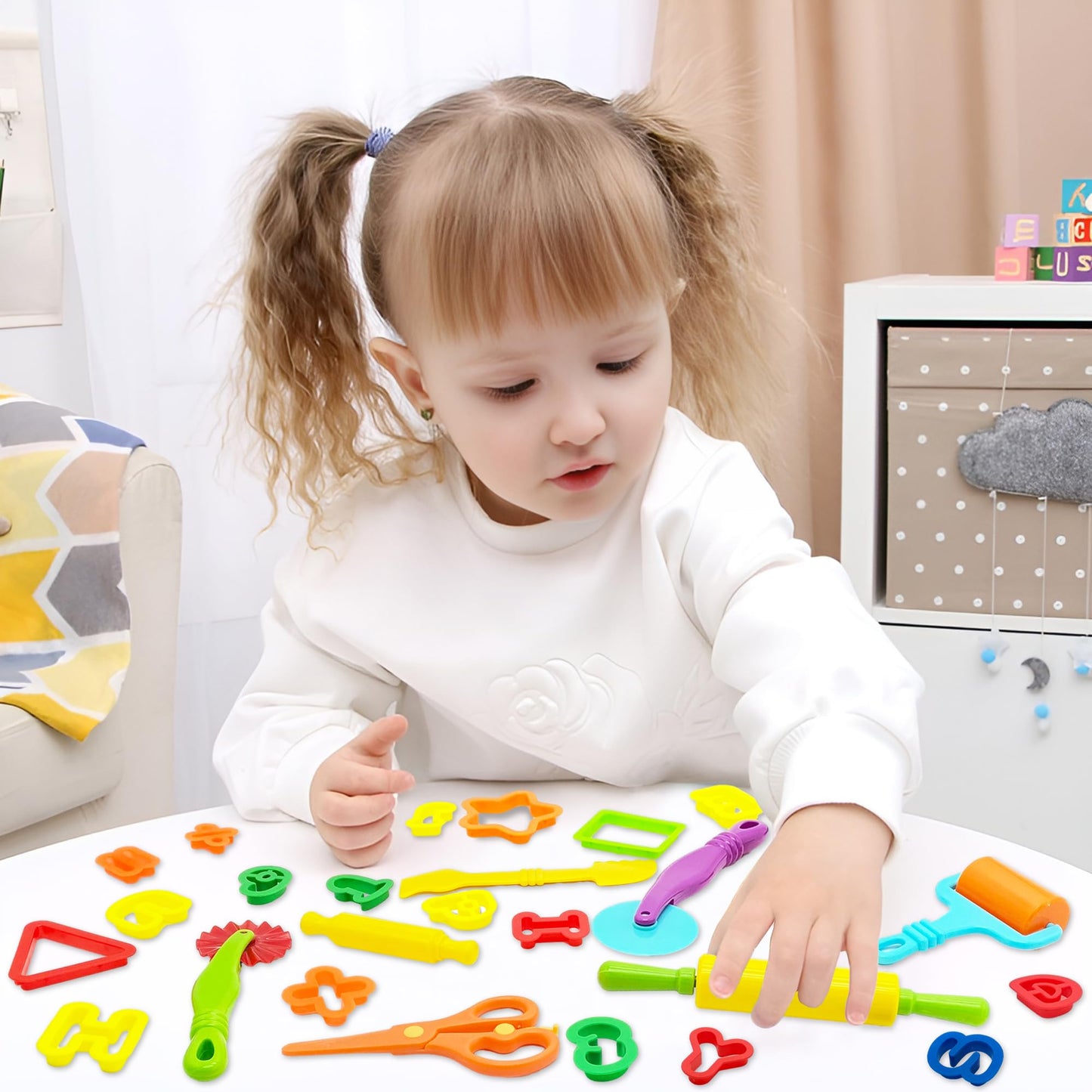 iShyan Dough Tools 55 PCS Dough Play Tools Set for Kids, Plastic Alphabet Numbers Shapes Cutters, Rollers, Scissors