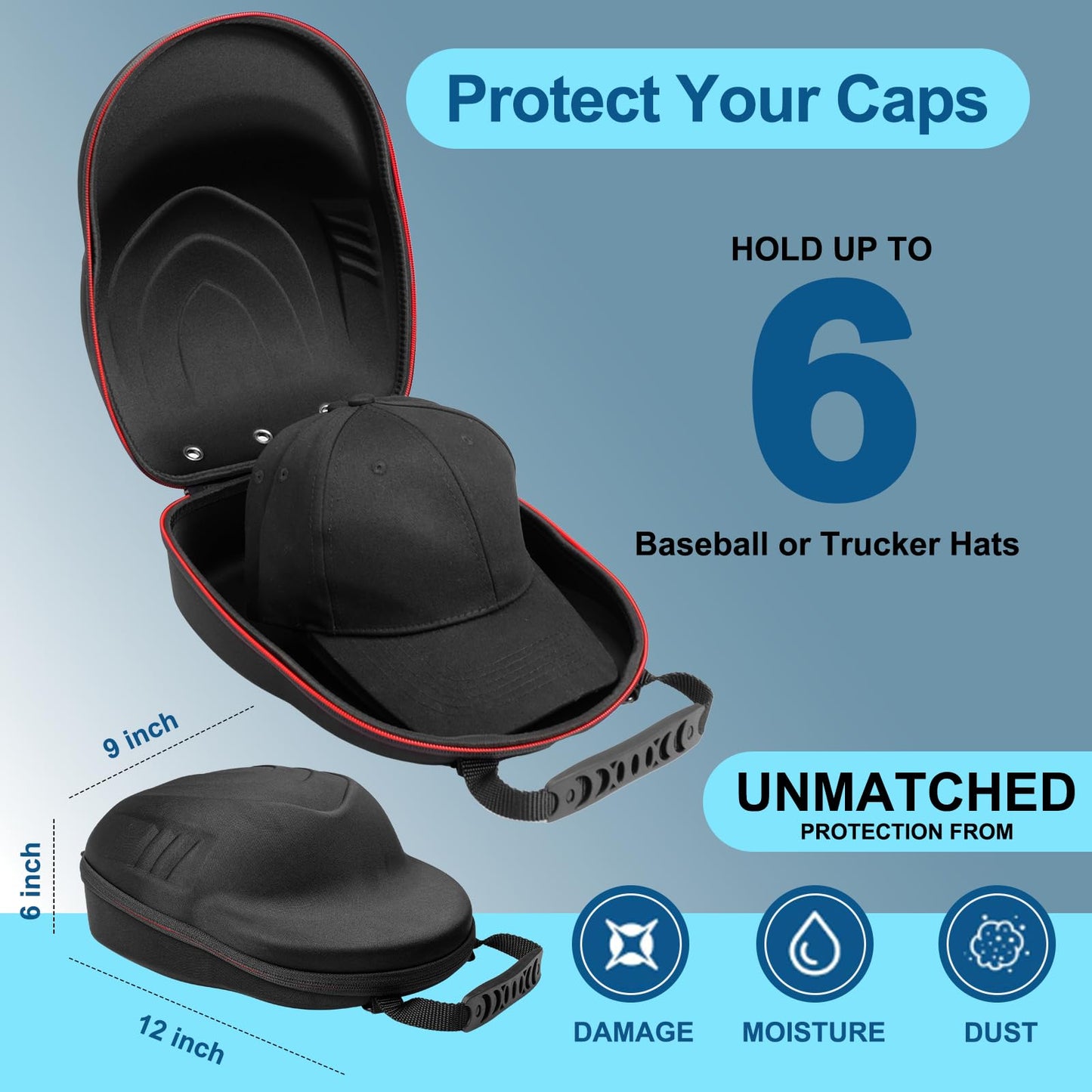 Hat Travel Case for Baseball Caps,Hard Hat Carrier Storage Case with 1 Pack Black Baseball Cap and Adjustable Shoulder Strap, Hat Organizer Holder Bag for 6 Baseball Caps for Men and Women - Black
