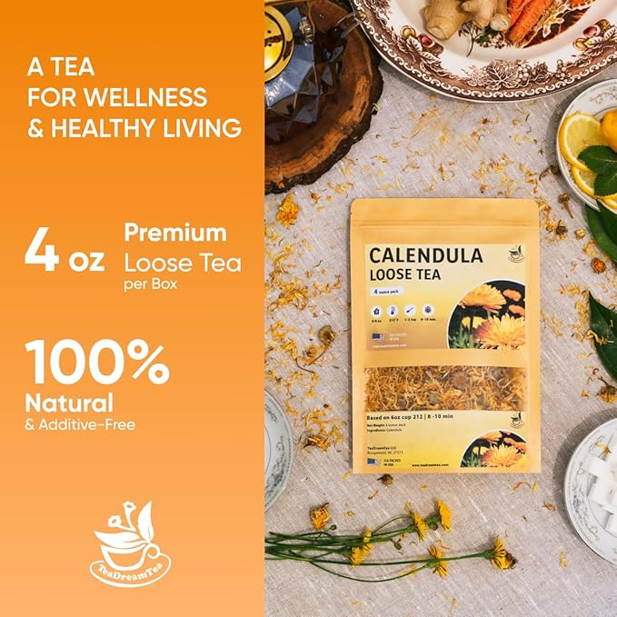 Calendula Loose Tea – 4 oz Size - Marigold & Dried - Calendula Tea Bulk Flowers Gluten-Free and Caffeine-Free Herbal tea for Relaxation, Wallness, From Real Flowers with Smooth Taste