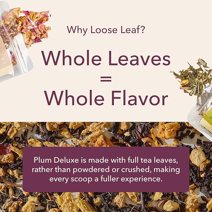 Loose Leaf Tea Sampler – 5 Caffeinated Blends Including Creme Brulee Earl Grey, Peach Oolong, Citrus Mint, Pecan and Floral Black – 75 to 100 Cups – Handcrafted in USA – Plum Deluxe