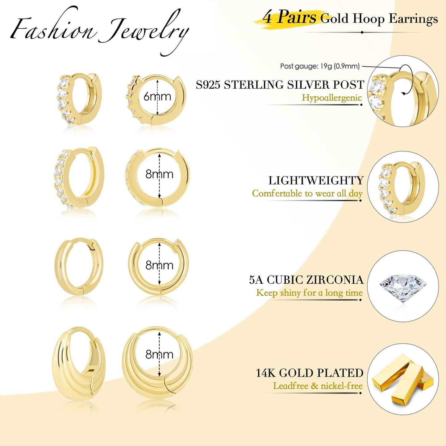 4 Pairs Small Gold Hoop Earrings Set for Women, Trendy Dangle Huggie Earrings for Multiple Piercing, Cartilage Conch Cute Small Hoops Jewelry Stacks for Gifts Clip On