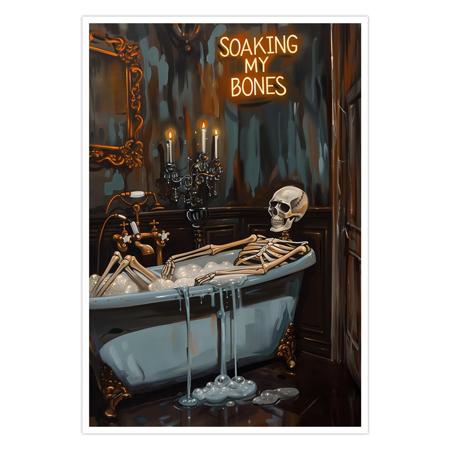 Soaking My Bones Wall Art Horror Halloween Decor Skeleton Bathtub Poster Moody Print Dark Academia Canvas Spooky Gothic Artwork Victorian Painting Bathroom Living 16x24inch Unframed