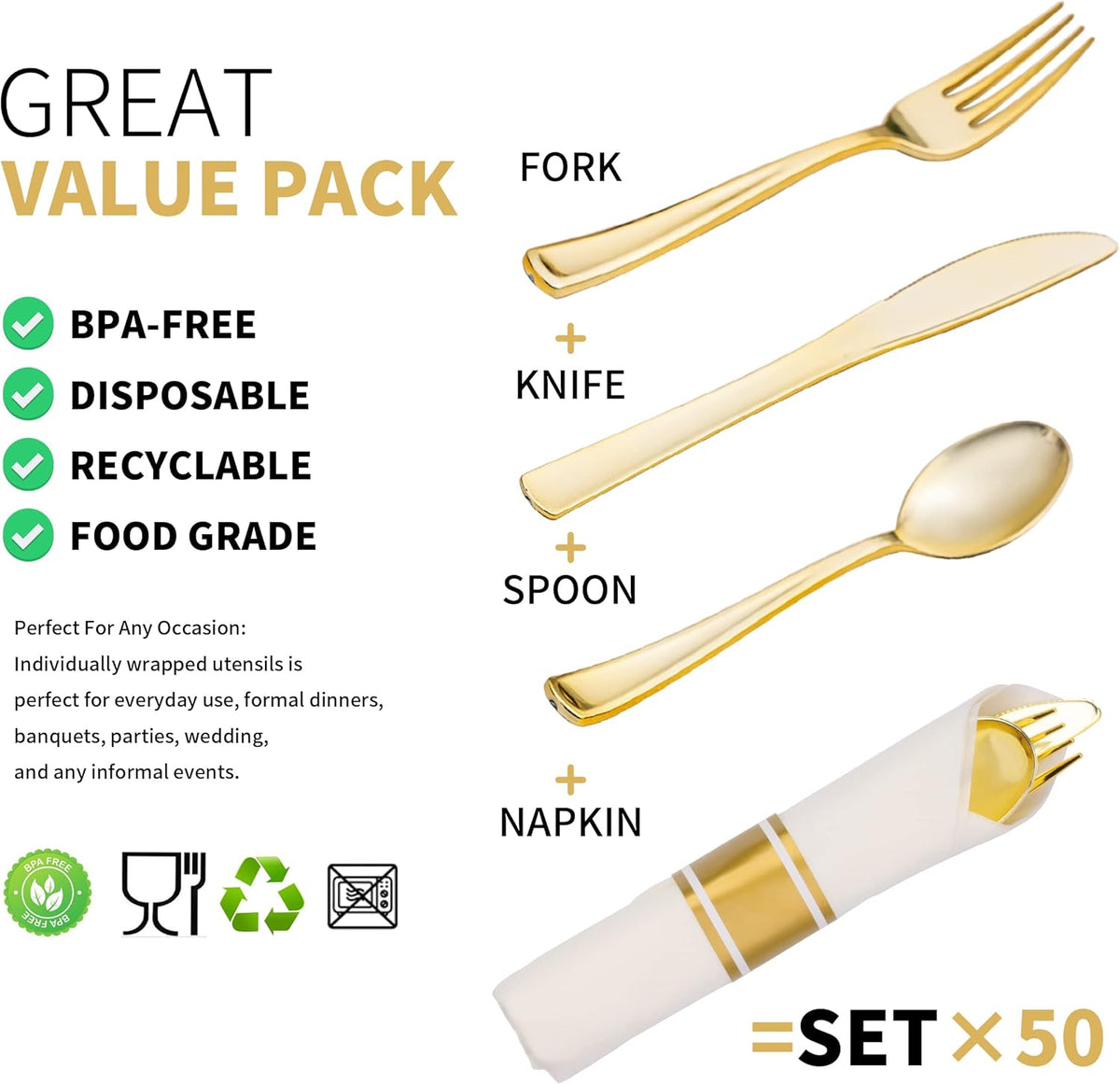 50 Pack Pre Rolled Gold Plastic Silverware Set with Napkins,Disposable Wrapped Heavy Duty Cutlery Set for Wedding Birthday Party-50 Forks,Knives,Spoons,Napkins,Utensils Set,Plasticware Bulk