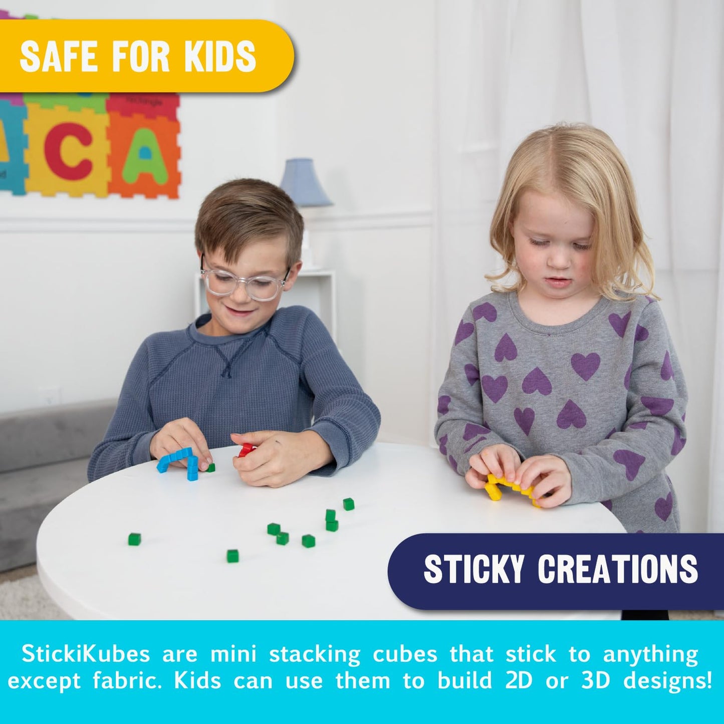 KOMARC GAMES StickiKubes, Mini Stacking Cubes that Stick to Anything, Non Toxic Kid Safe Sticky Blocks, Creative Construction Toy - 125 Cubes, 4 Colors, Tub