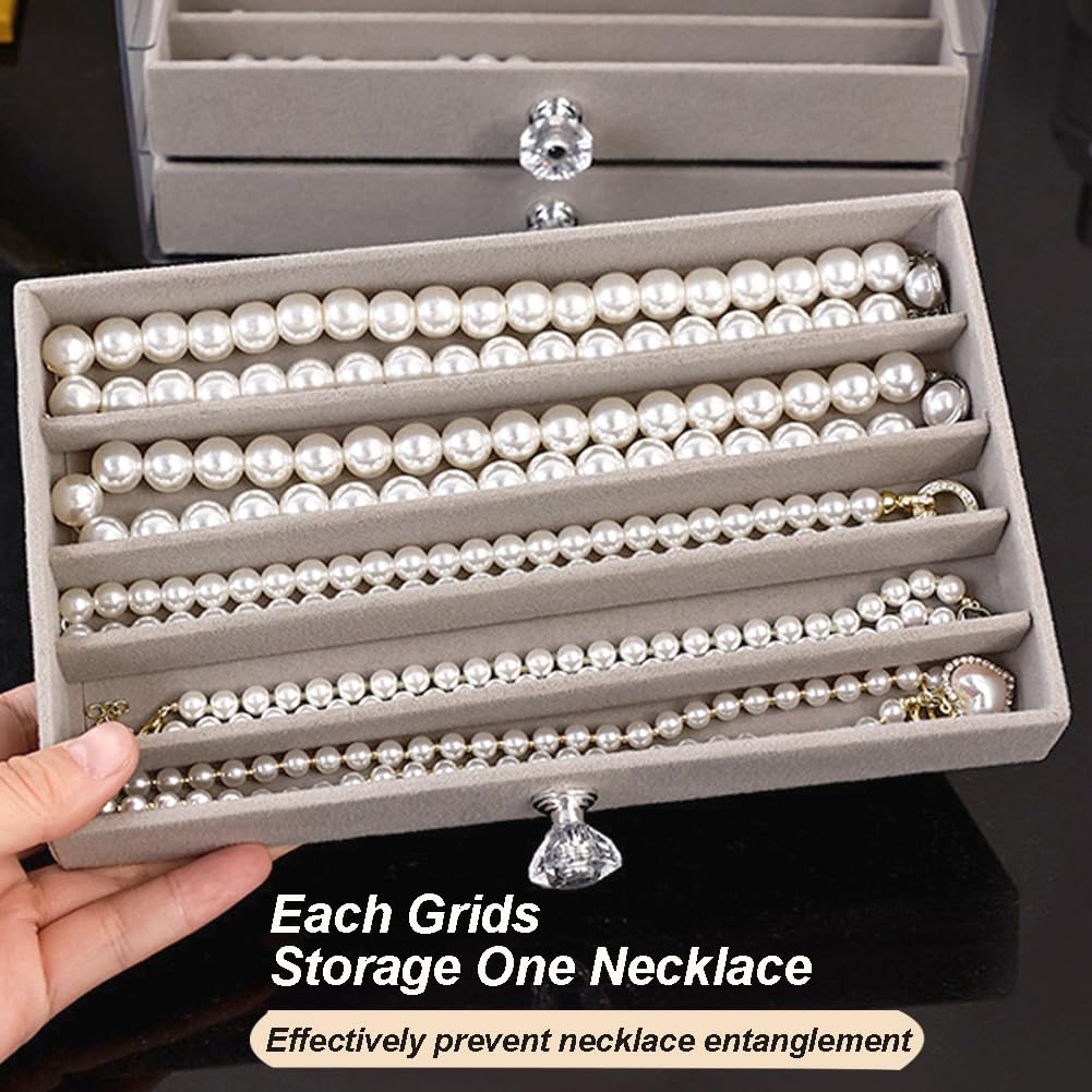 SPAKOWN Necklace Organizer Box, Velvet Necklace Box Holder Tray with Clear Lid Chains Showcase Stackable Necklace Storage for Pendant Bracelet (5 Drawers - Grey)