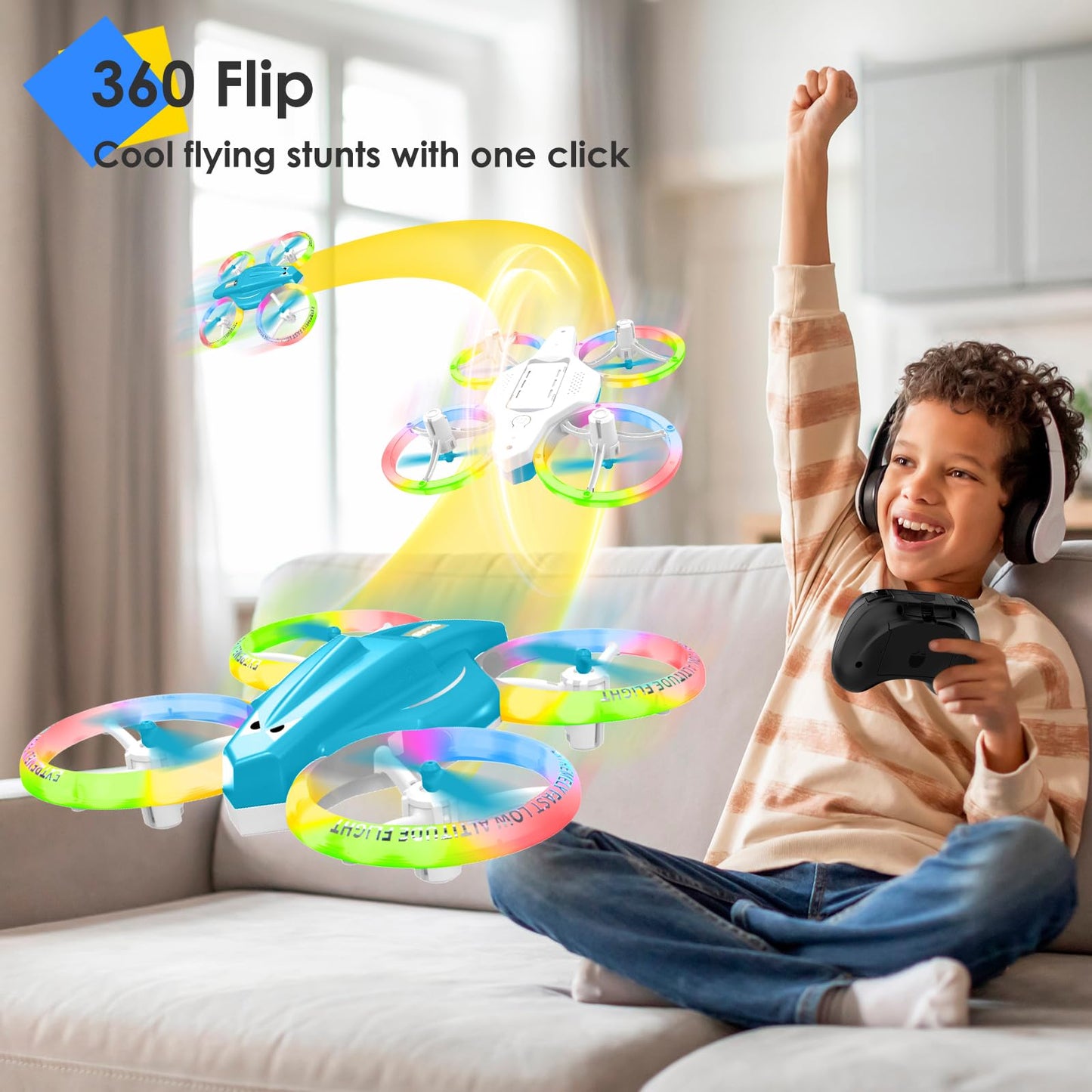 Drone for Kids with LED Light | Lisoco Indoor RC Drone with 360 Flip | 2 Batteries | Easy to Fly Mini Drone for Boys Girls Beginners | Flying Toy Gift (Light Blue)