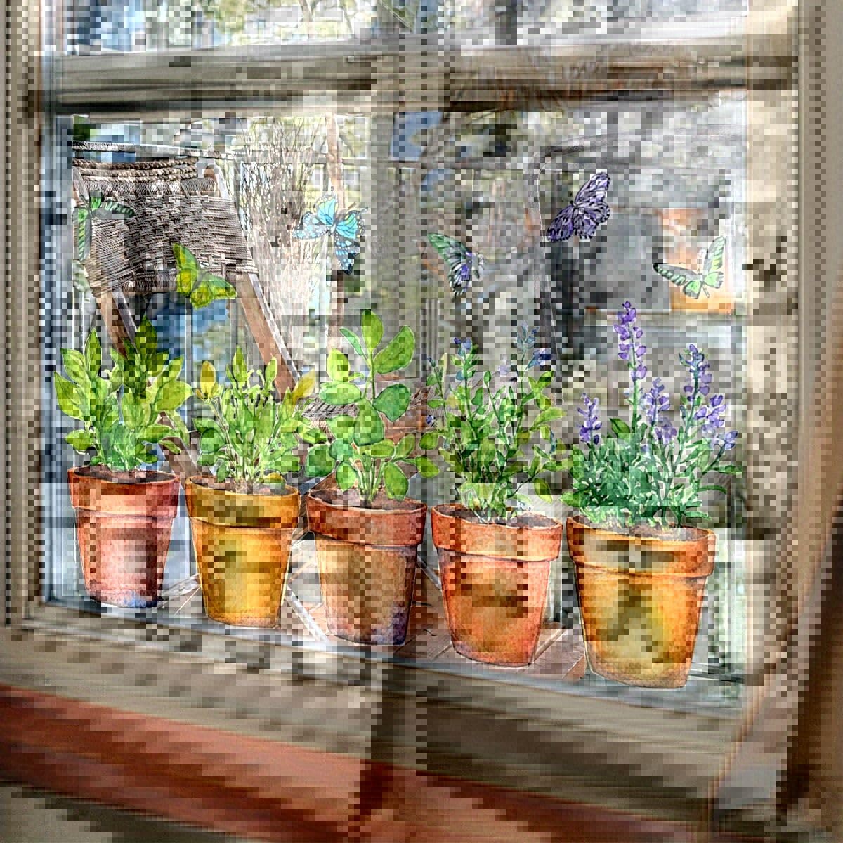 Decorative Window Cling Decal, Double-Sided Wildflowers Design, 21.46 x 11.42 inches, Waterproof Removable Static Sticker for Glass (Flowerpot)