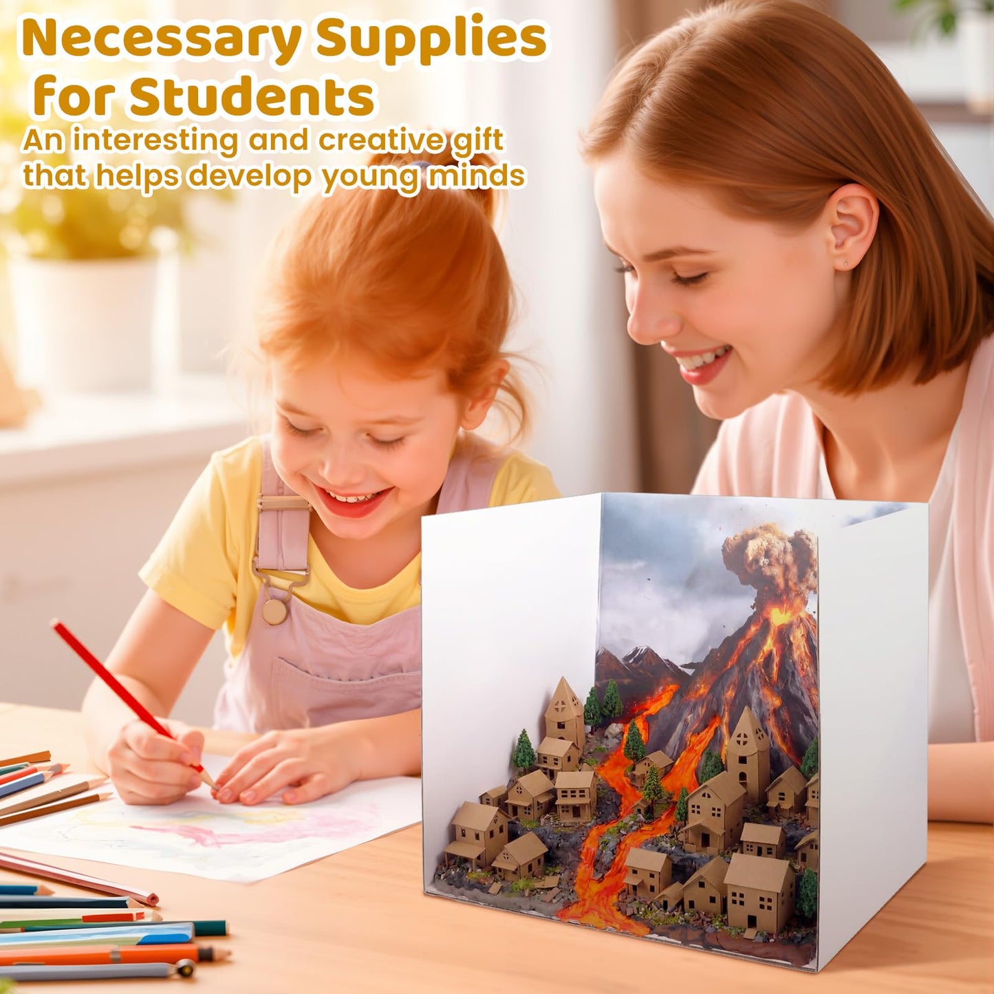 ReliThick 30 Pcs Volcano Diorama Kit Volcano Science Kit Diorama Science Project Model Miniature Village Model Trees Clay Acrylic Paints Display Box and Accessories DIY