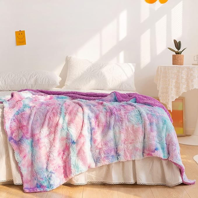 NEWCOSPLAY Super Soft Faux Fur Throw Blanket for Couch Purple Rainbow Sherpa Fuzzy Plush Warm Blanket for Sofa Bed (Purple Rainbow, Throw(50"x60"))