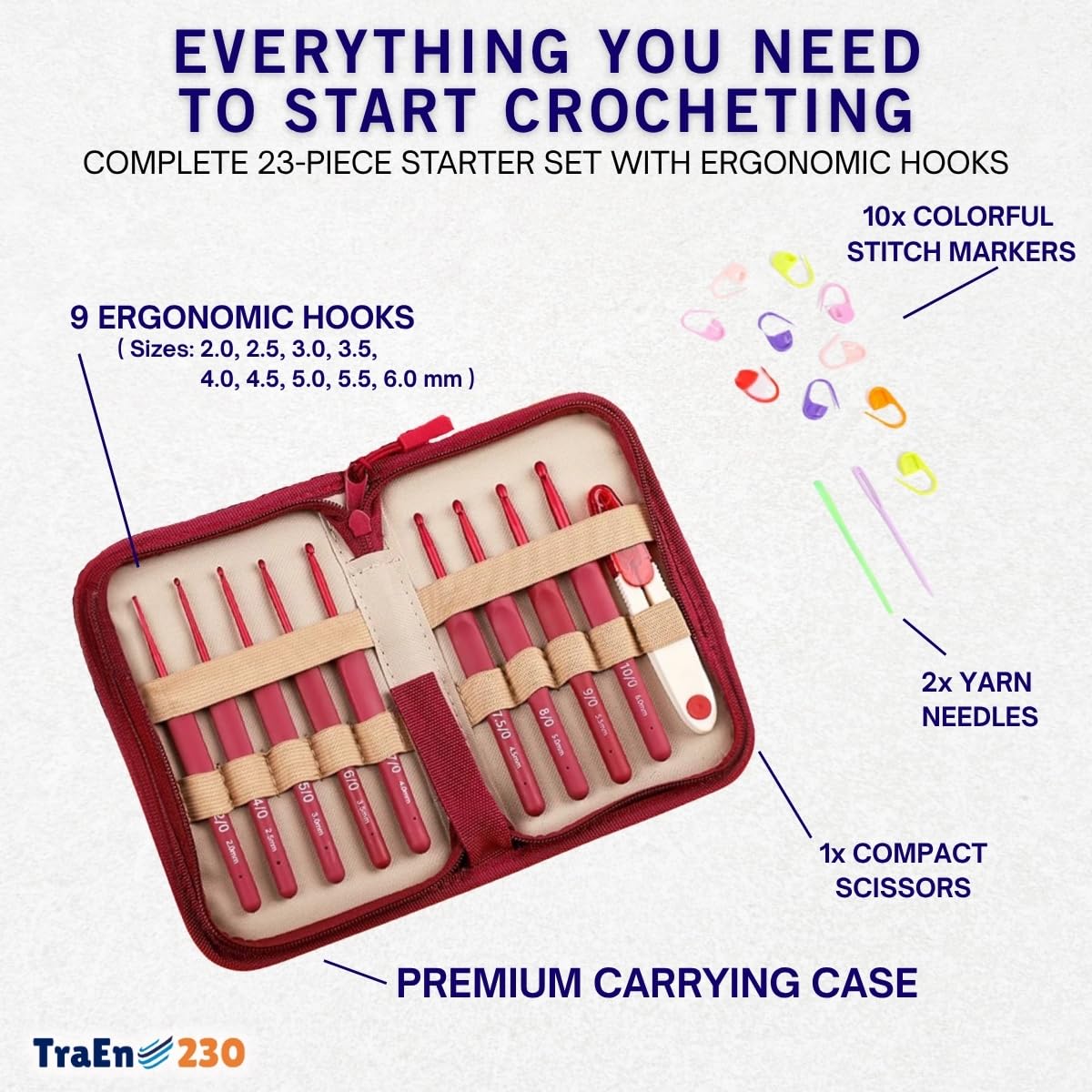TraEn230 Crochet Hooks Set for Beginners, Ergonomic Soft Grip Crochet Hook Kit with Case, Full Size 2.0mm–6.0mm, Easy Grip Handles, Yarn Needles & Accessories (Black)