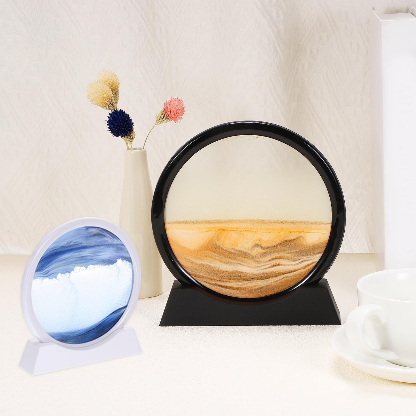 HEARTOOL Moving Sand Art Picture 7" Round Tempered Glass 3D Liquid Motion Deep Sea Flowing Sand Scene with Display Frame Perfect for Desktop & Home & Office & Work Decoration (Blue)