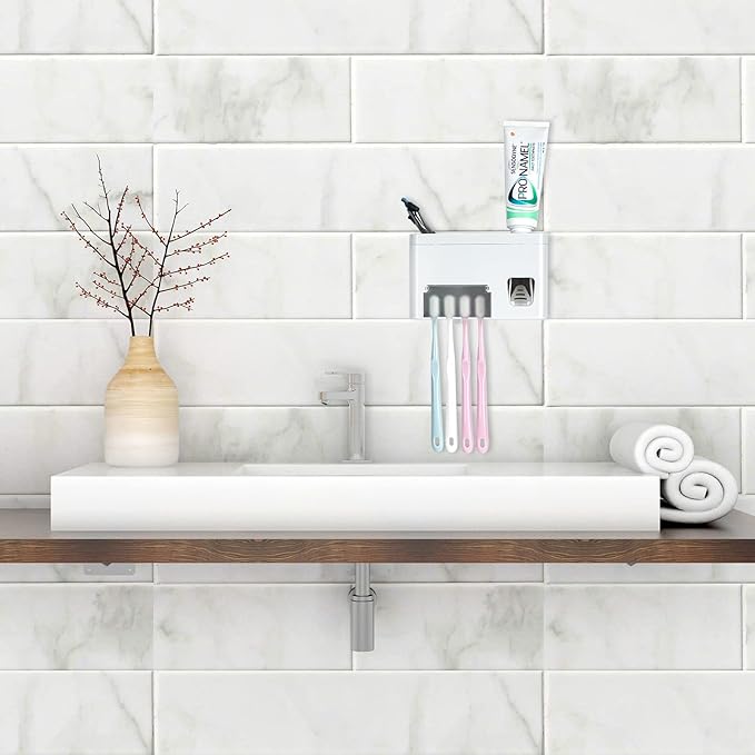 LUEXBOX Self Adhesive Toothbrush Holders Wall Mounted, Multifunction Toothpaste Stand with Covers, Automatic Toothpaste Dispenser for Bathroom, Toothbrush Hanger Rack for Dorm, Cabinet