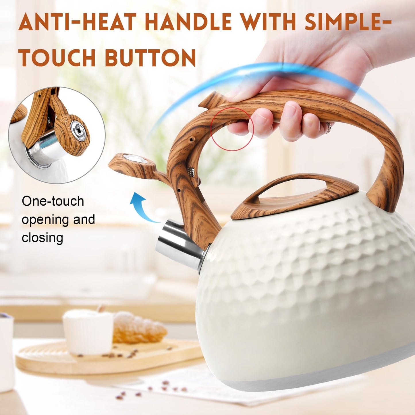 GGC Tea Kettle for Stove Top, Loud Whistling Kettle for Boiling Water Coffee or Milk, 3.1 Quart 3L Heavy Stainless Steel White Kettles with Wood Pattern Handle, Unique Button Control Kettle Outle