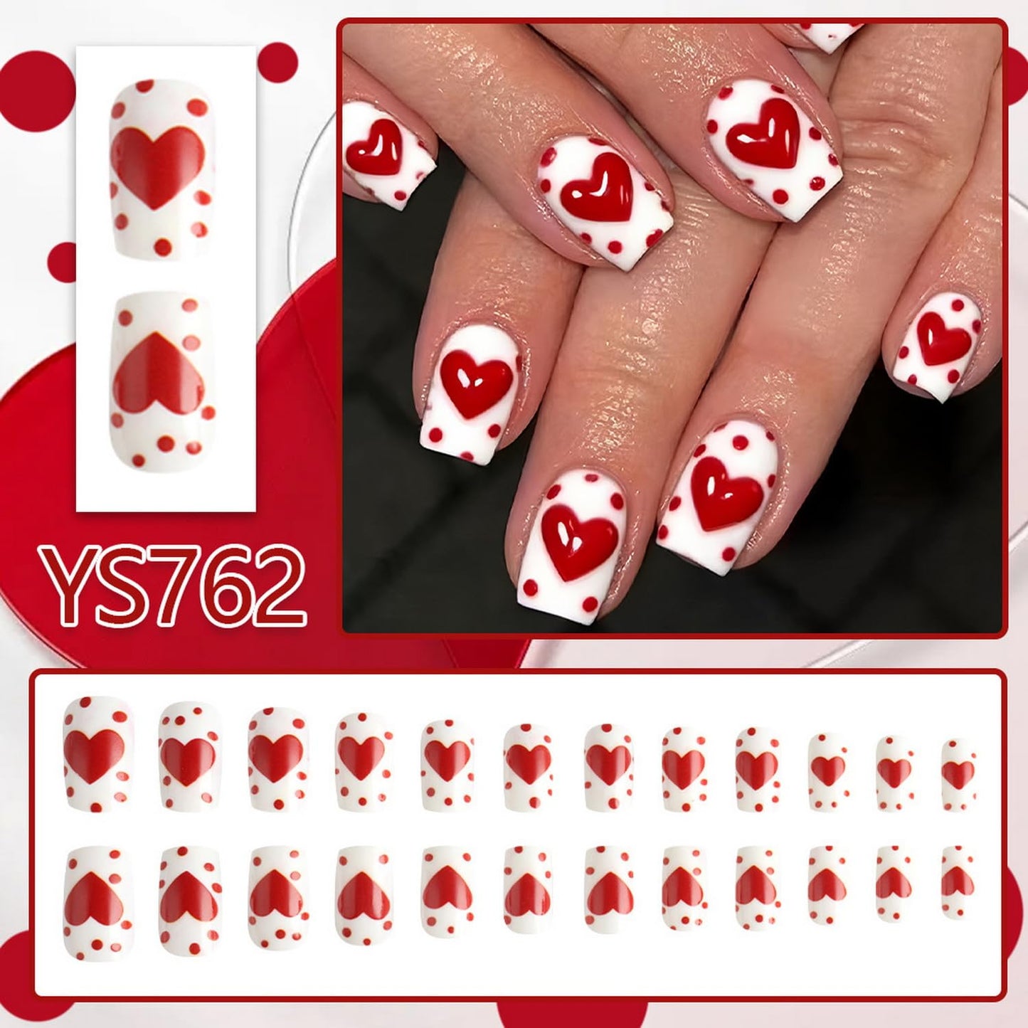 Valentine Day Press on Nail Medium Length Square Fake Nails Red Heart designs Stick on Nail Glossy Full Cover White Press ones Polka Dot Acrylic False Nails Reusable Glue on Nails for Women 24pcs