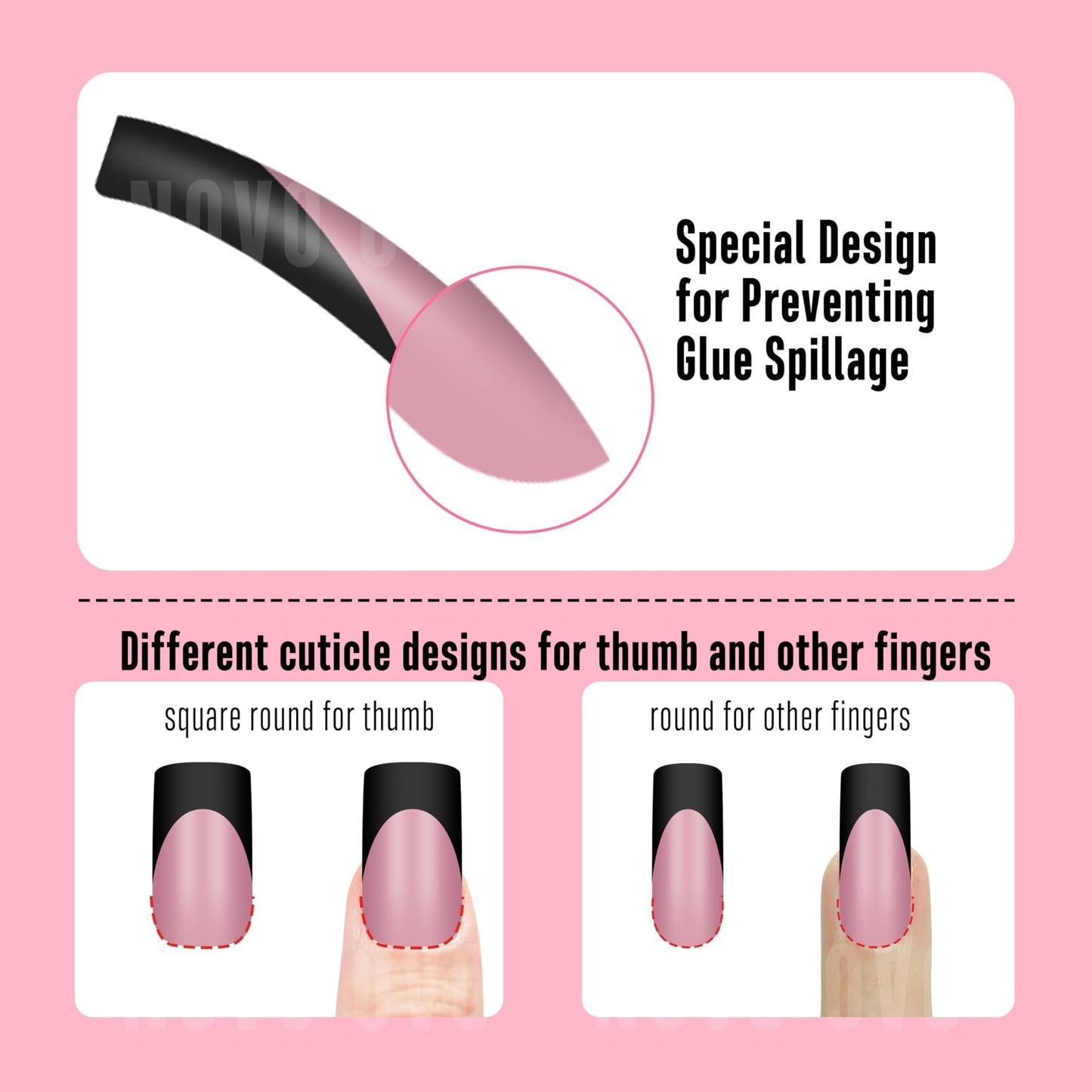NOVO OVO Halloween Black French Tip Nail Tips Slightly Curved Medium BERRY PINK Full Cover for Press on Acrylic, Extra Thick M Soft Gel False Nail, need Builder Gel Top Coat, for DIY 15 Sizes 240 pcs