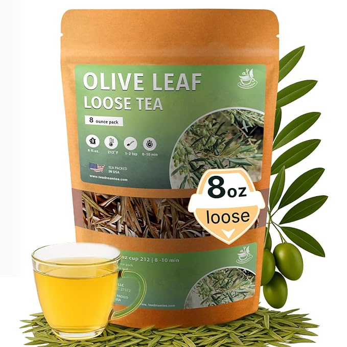Olive Leaf Loose Tea – 8oz Size (Premium Dried Olive Loose Leaf Tea - 8 oz), Natural Extract Caffeine-Free Herbal Tea for Relaxation, Wallness with Smooth Taste