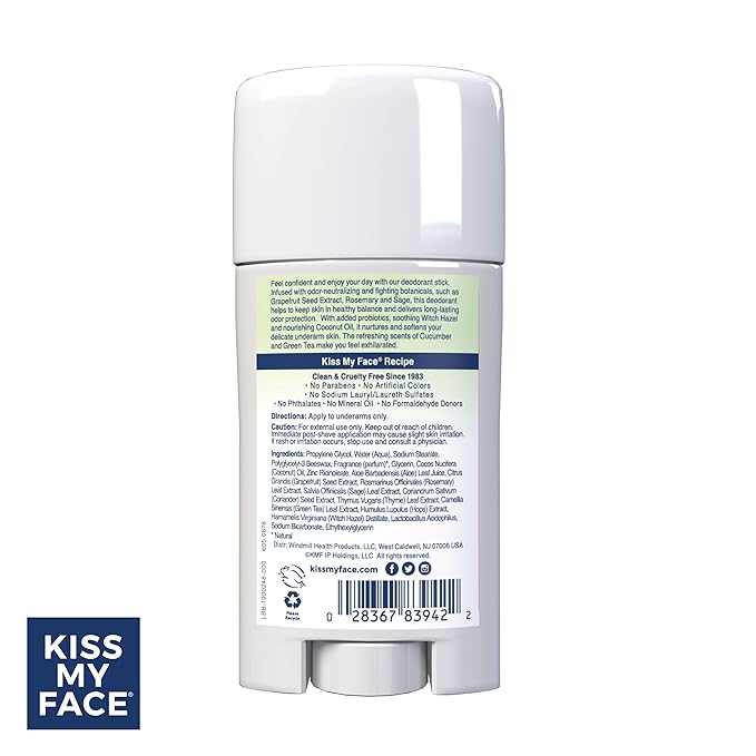 Kiss My Face Active Life Deodorant Contains Naturally Derived Ingredients, 72 Hour Odor Control | For Women and Men, Aluminum Free with Coconut Oil and Probiotics, Cucumber and Green Tea Scent