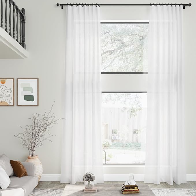Nanspring White Linen Curtains Extra Long Back Tab Curtains 133 Inches Long for Living Room Semi Sheer Light Filtering Linen Drapes Ceiling to Floor for Large Window Farmhouse 2 Panels Set 52x133