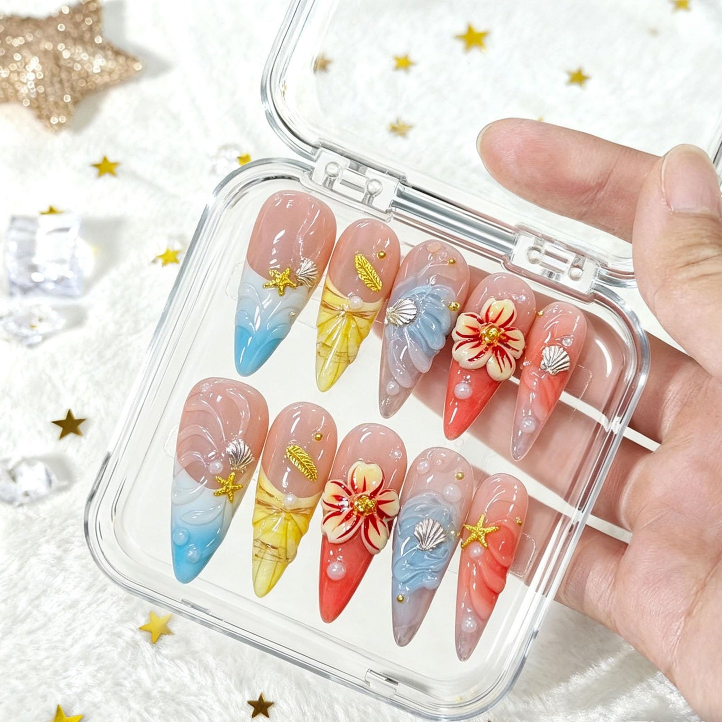 10 Pcs Handmade Press on Nails Long Stiletto Fake Nails with Design 3D French Tip Flower False Nails Nude Acrylic Long Stiletto Press Ons Nails for Women Wedding Party - Size M