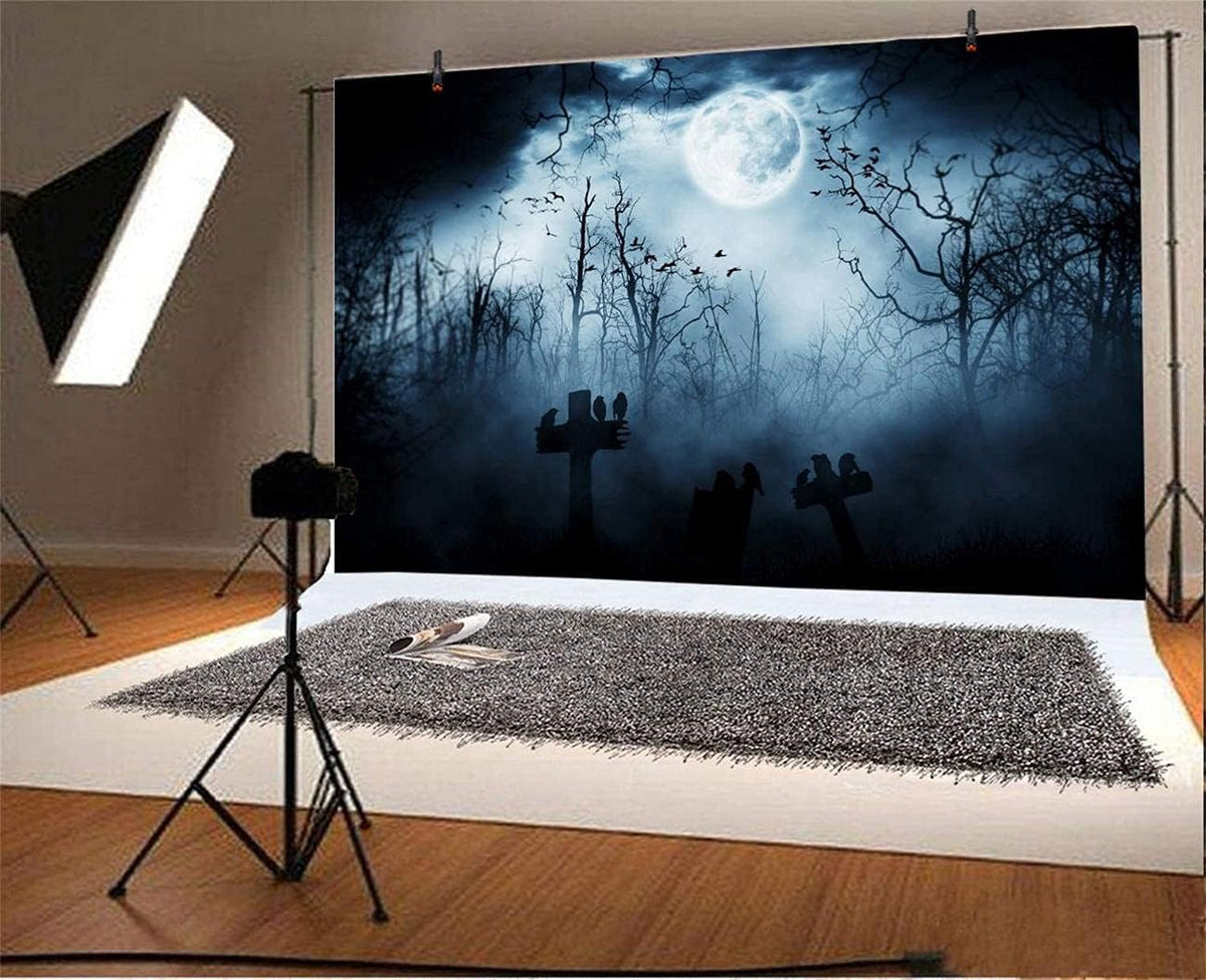 AOFOTO 8x6.5ft Moon Night Halloween Cemetery Photography Backdrop Flying Bats Birds Stand on Gravestone Cross Graveyard in Dark Forest Photo Background Cloth Vinyl Wallpaper Photo Studio Props Vinyl