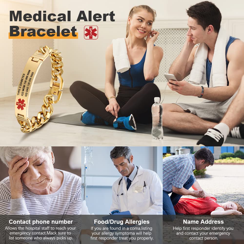 Giftider Custom Medical Alert Bracelet Engraved Emergency ID Stainless Steel Bracelets for Adults Men Women 7.5-8.5-9.8 Inch
