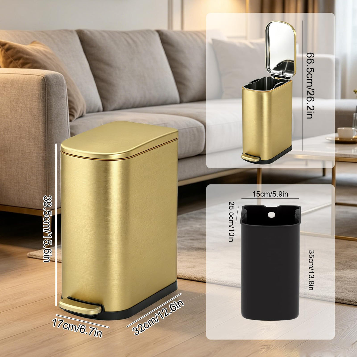 Bathroom Trash Can with Soft Close Lid 3.5 Gallon Gold