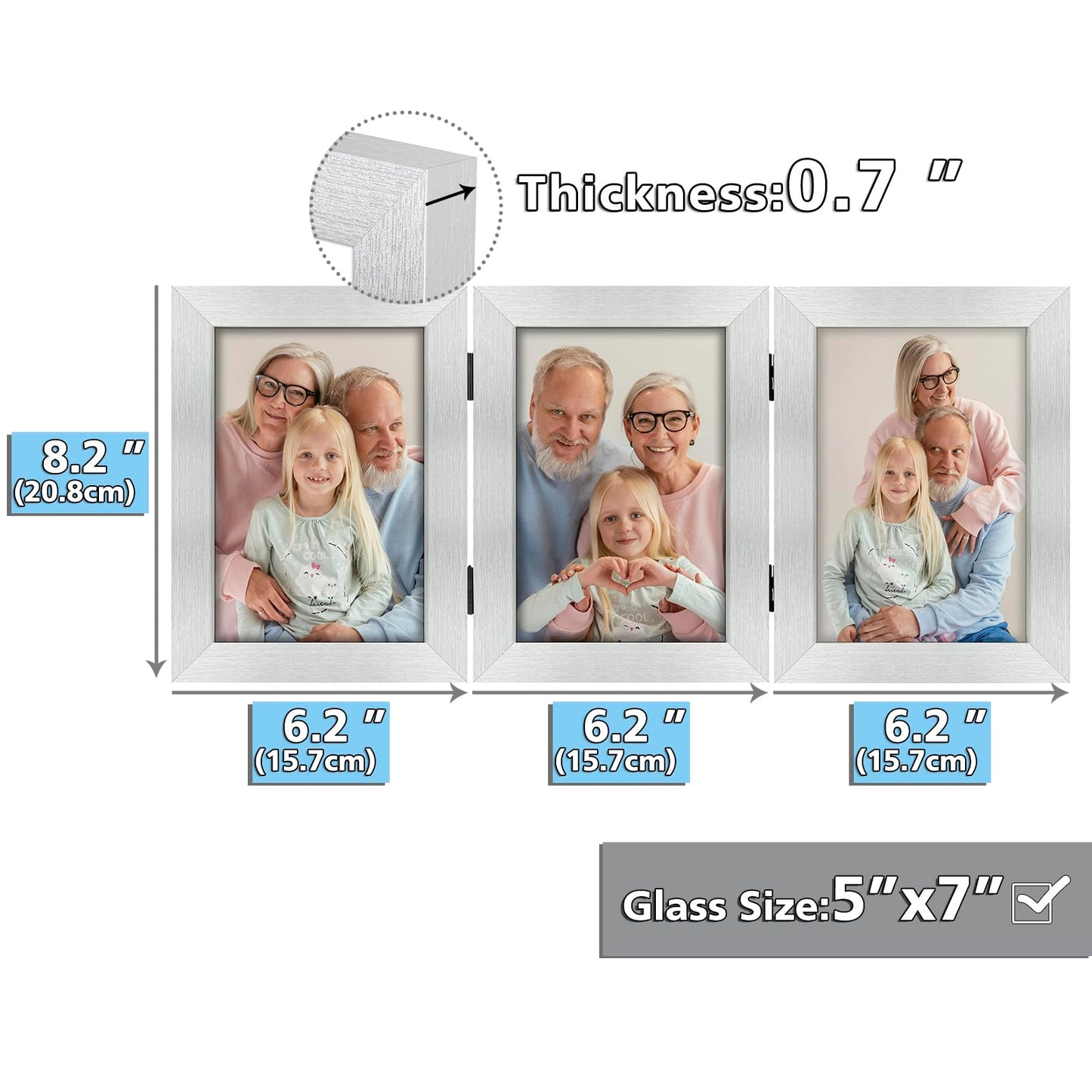 Frametory, 5x7 Triple Picture Frames 3 Photo Frames Collage - Real Glass - Engineered Wood Triple Folding Frame - Tabletop Vertical Display (Silver, 1 Pack)