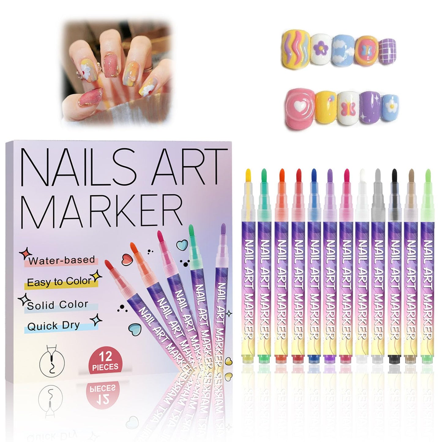 12 Colors Nail Art Pens Set, 0.7MM Quick-dry Nail Art Markers, Multi Purpose Acrylic Paint Pens Kit for Drawing & Home Salon Nail DIY