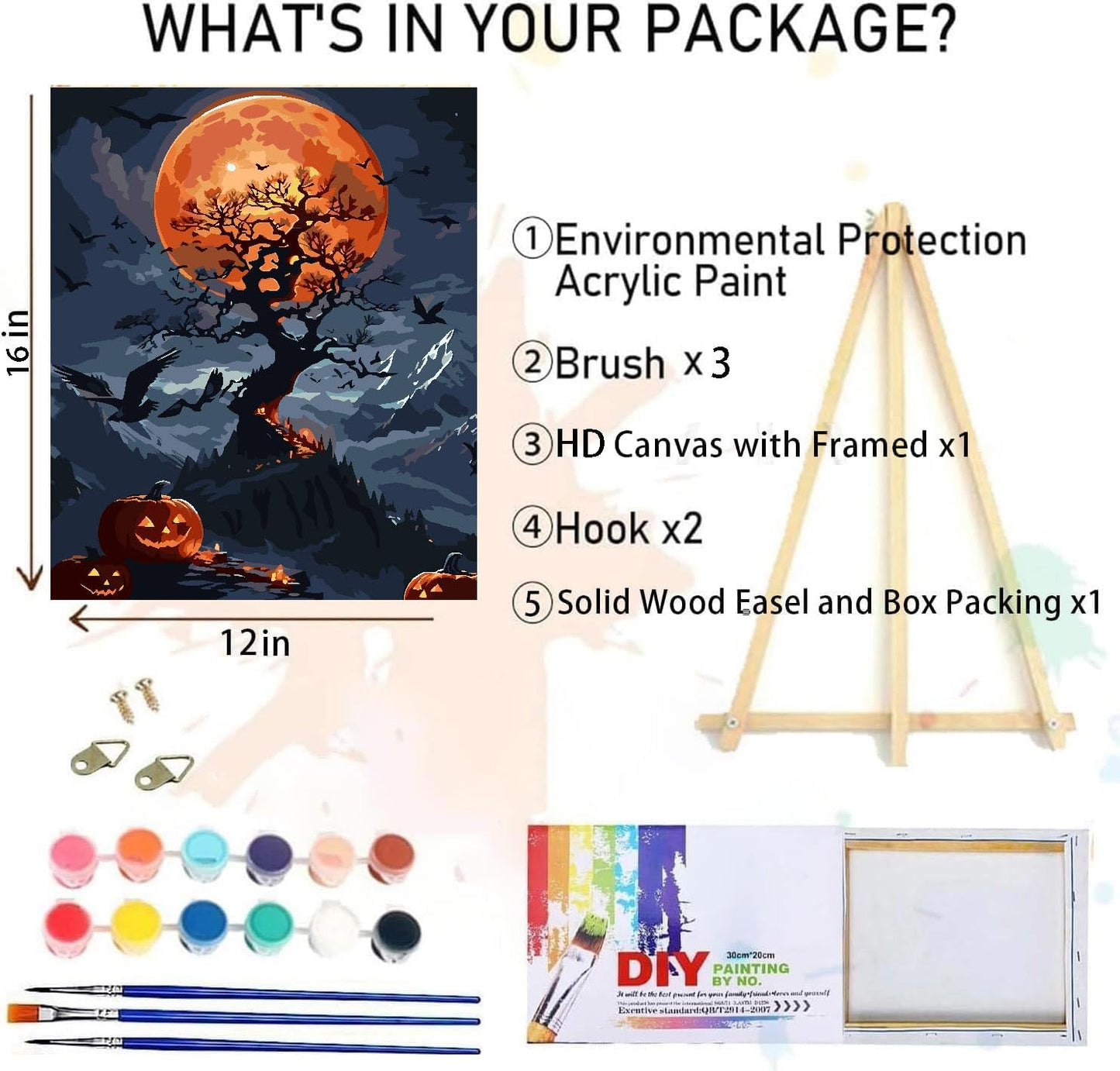 Halloween Paint by Numbers for Adults with Framed Canvas-with Wooden Easel,Paint by Numbers Kits Framed Canvas,DIY Acrylic Oil Painting Kits with Brushes Nice Gift Box for Home Wall Decor(12x16 Inch)