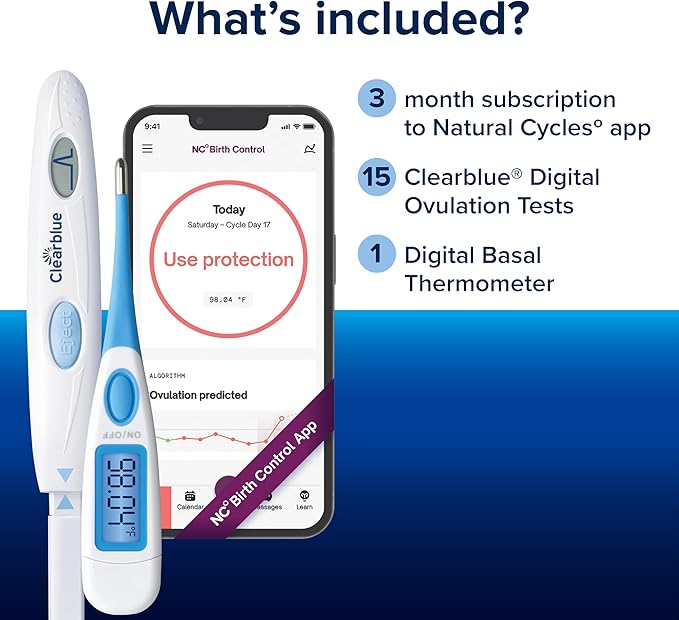 Clearblue & Natural Cycles Hormone-Free Birth Control Kit Starter Pack, 3 Month Subscription to The Natural Cycles app, 15 Digital Ovulation Tests, 1 Digital Basal Thermometer
