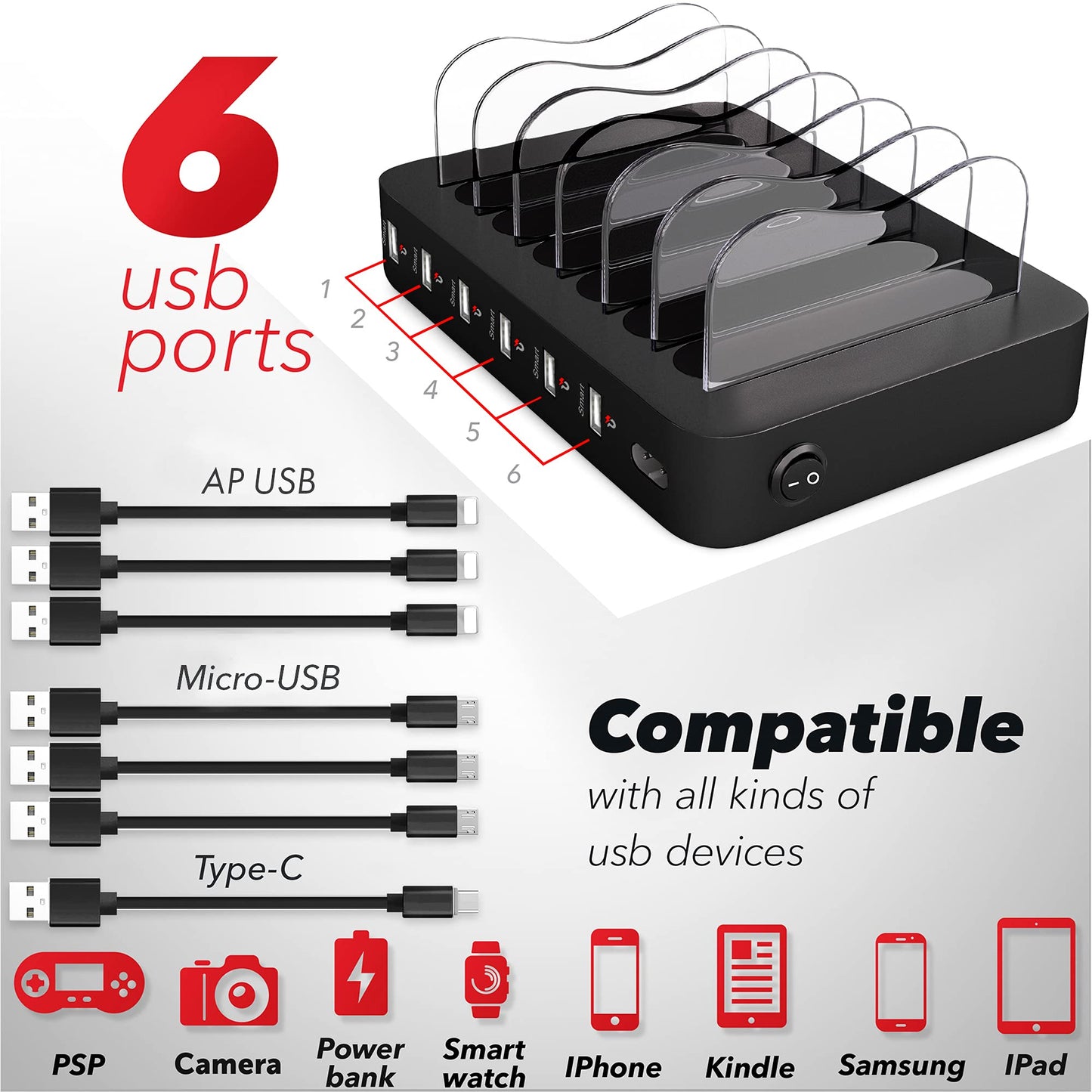 USB Charging Station - 6 Port Universal Charging Station for Multiple Devices - Multi Device Charger Dock - Compatible with Apple, iPad, iPhone, Android Cell Phones, and Tablets - Black