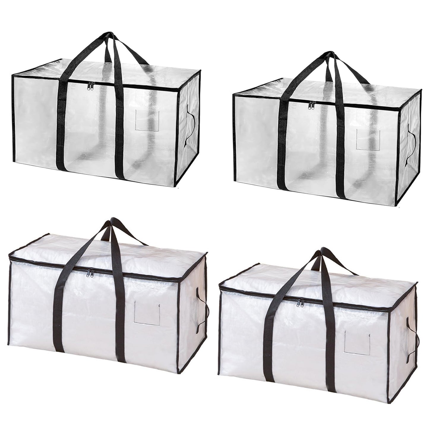 4-Packs Extra Large Heavy Duty Moving Bags, Waterproof Storage Totes with Handles & Zippers Storage Bags Totes for Clothes Packing, Dorms, College Supplies, Space Saving, Clear