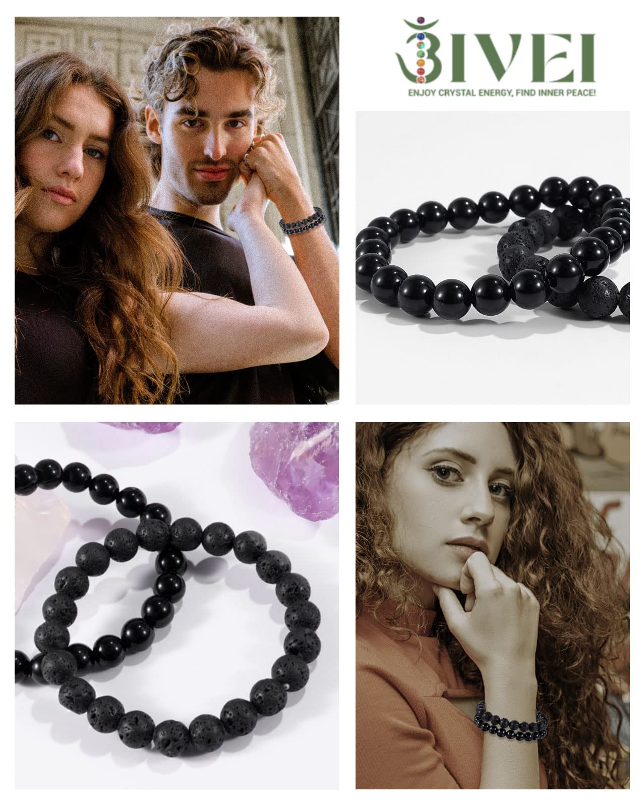 Bivei Natural Gemstone Semi Precious Crystals Handmade Stretchy Round Beads Bracelet, Enhance Positive Energy,Stocking Stuffers for Women(Lava Stone & Black Obsidian (Protection) Medium)
