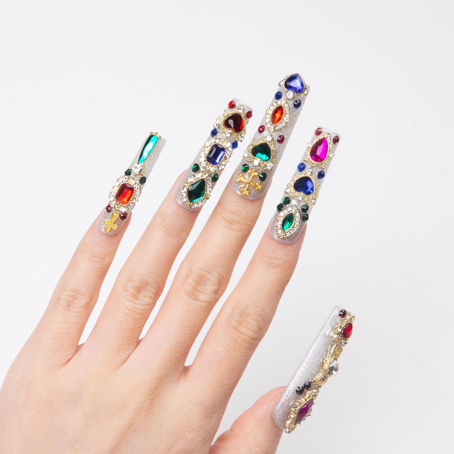 LOVFUL Press on Nails Treasure Trove Rhinestone | Handmade with Full Covered Crystals | Reusable Full Cover Nails | Square Mid length 1.7 in | H103-M
