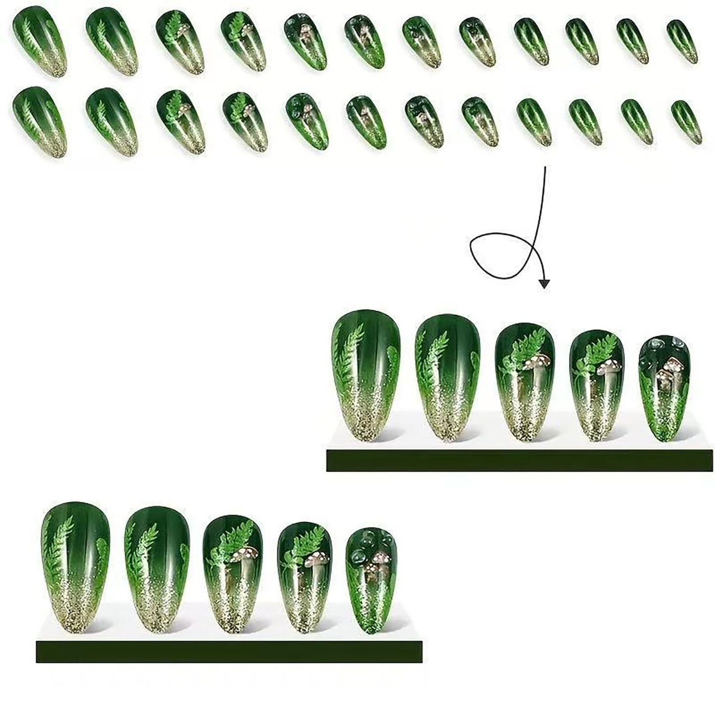 24Pcs Press On Nails Almond Medium Fake Nails With Mushroom Grass Design Green Stick On Nails Glitter Water Droplet Glue On Nails Glossy Full Cover Artificial False Nails For Women Nail Supplies